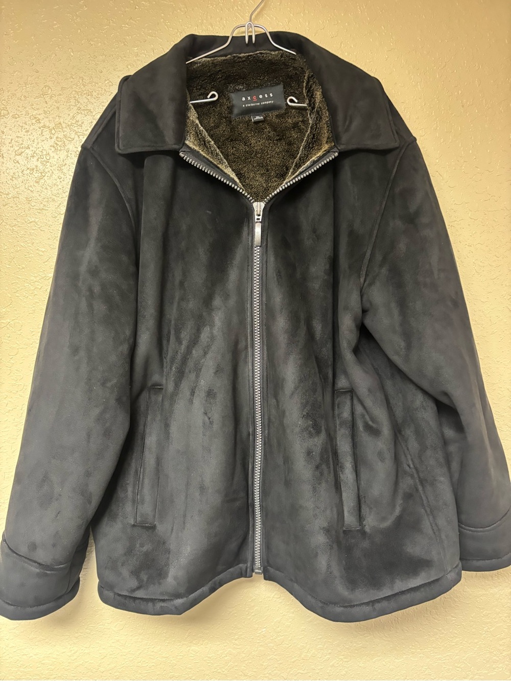 Axcess Men’s Black Faux-Suede Zip Puffer Jacket with Sherpa Lining